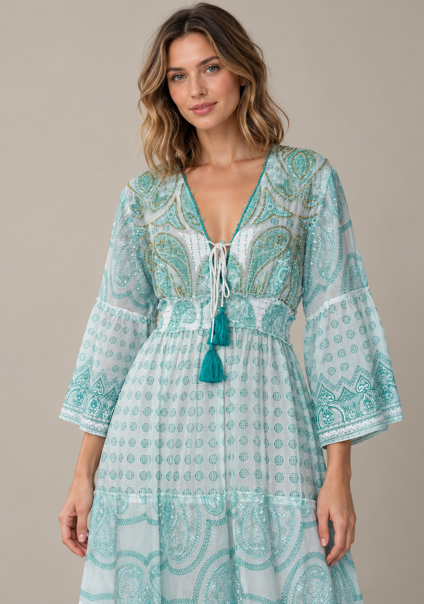 ibBan Vestido Largo Mayra para Mujer | 100% Algodón | Bordado a mano | Talla única