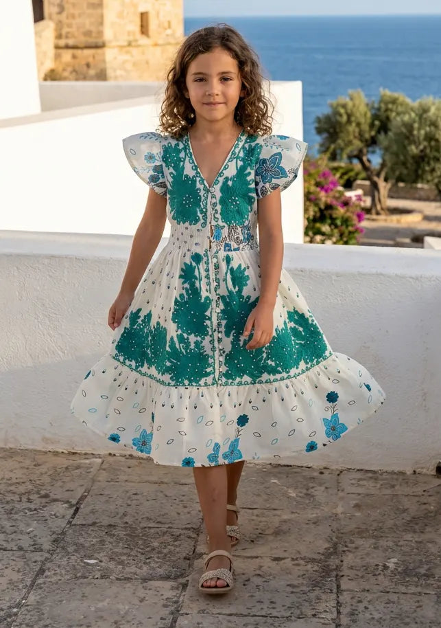 Robe en coton imprimé col en V pour fille - Yamira
