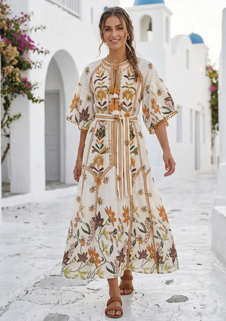 Women's Hand Embroidered Luxury Cotton Long Dress Round Tie-Up Neck - Ashira