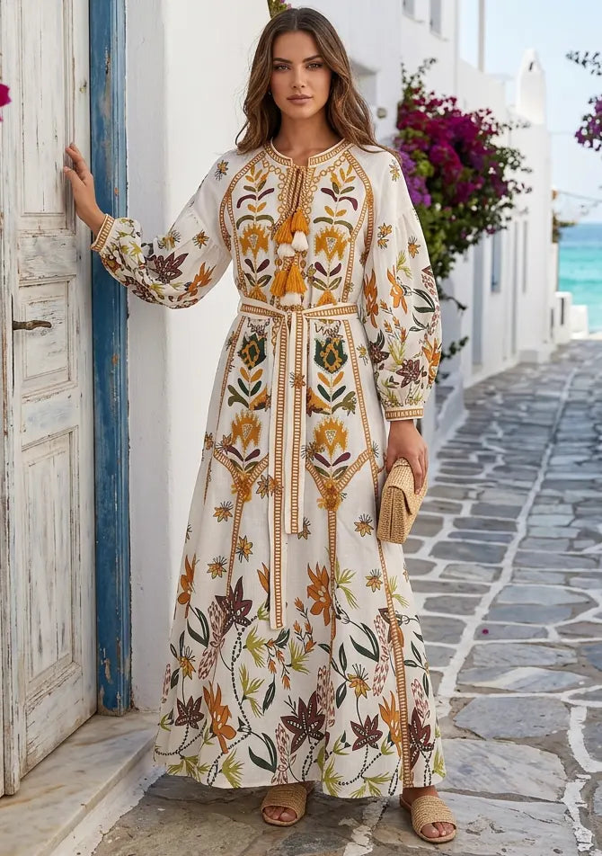 Women's Hand Embroidered Luxury Cotton Long Dress Round Tie-Up Neck - Ashira