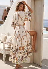 Women's Hand Embroidered Luxury Cotton Long Dress Round Tie-Up Neck - Ashira