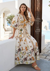 Women's Hand Embroidered Luxury Cotton Long Dress Round Tie-Up Neck - Ashira