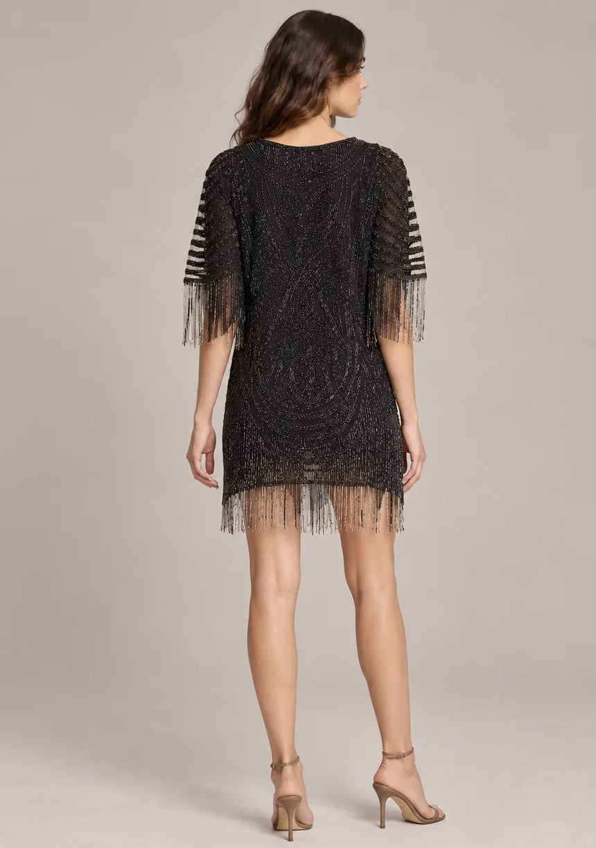 ibBan Party Short Dress with Beadwork & Fringe Sleeves - Esmi