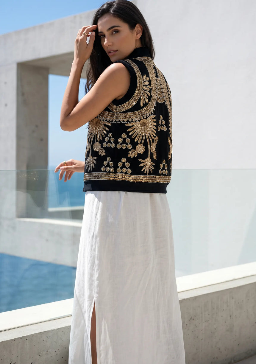 ibBan Hand Embroidered Cotton Canvas Gilet | Luxury Women's Statement Vest - Yara