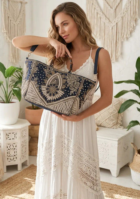 Sac fourre-tout brodé à la main ibBan | Coton Toile Premium Designer - Vidha