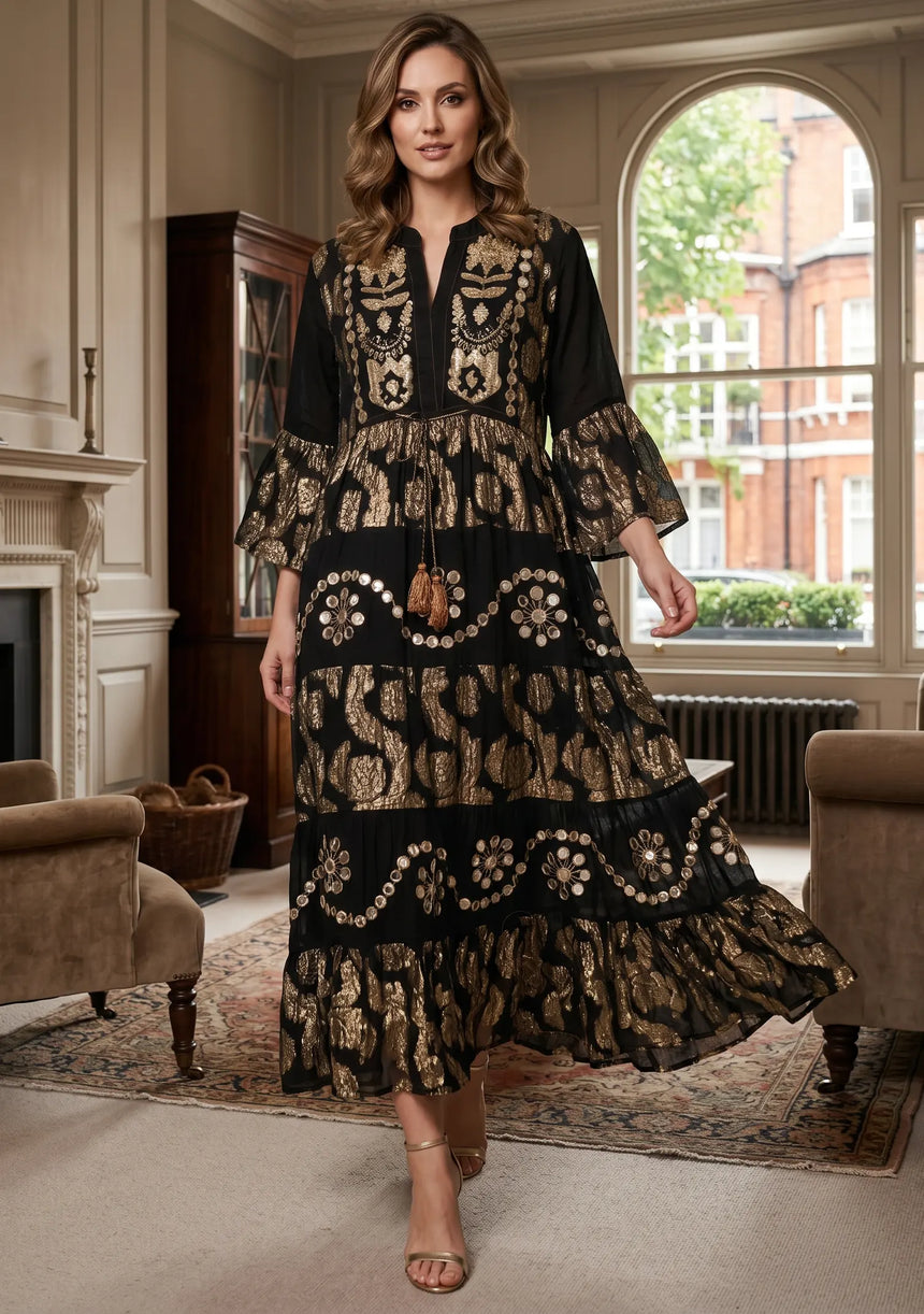 ibBan Luxury Black Beaded & Hand Embroidered Maxi Dress for Women -Zehra