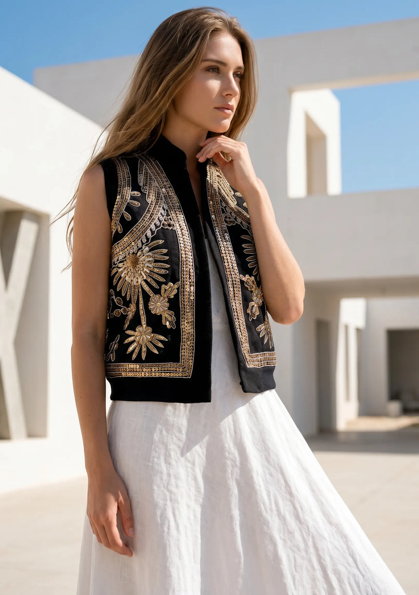 ibBan Hand Embroidered Cotton Canvas Gilet | Luxury Women's Statement Vest - Yara