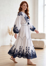 Vestido largo de algodón de cuello redondo para mujer - Naisha