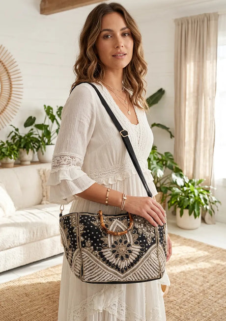 ibBan Hand Embroidered Tote Bag | Premium Cotton Canvas Designer - Vidha