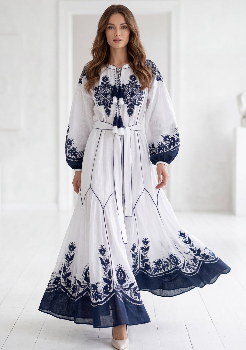 Vestido largo de algodón de cuello redondo para mujer - Naisha