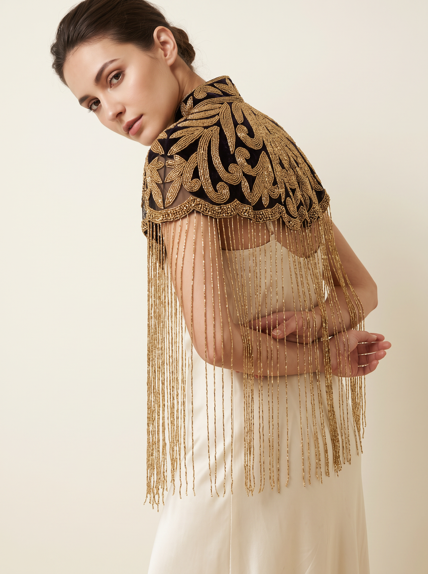 ibBan Beaded Net Neck Cape with Fringe - Linda