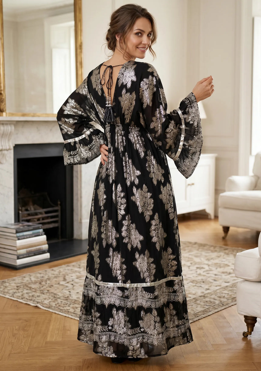 ibBan Hand Embroidered Cotton Lurex Winter Maxi Dress | Luxury Women's Fashion - Sofiya