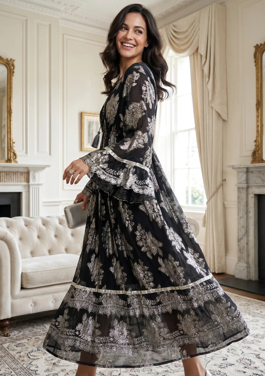ibBan Hand Embroidered Cotton Lurex Winter Maxi Dress | Luxury Women's Fashion - Sofiya