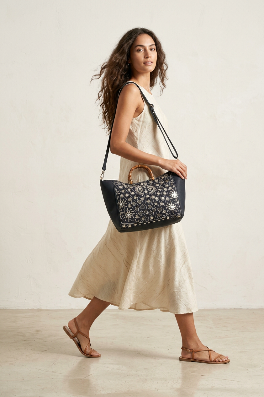 Women's Embroidered Canvas Handbag - Nuria