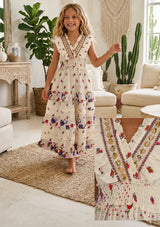 Robe longue en coton à col en V pour fille - Aina