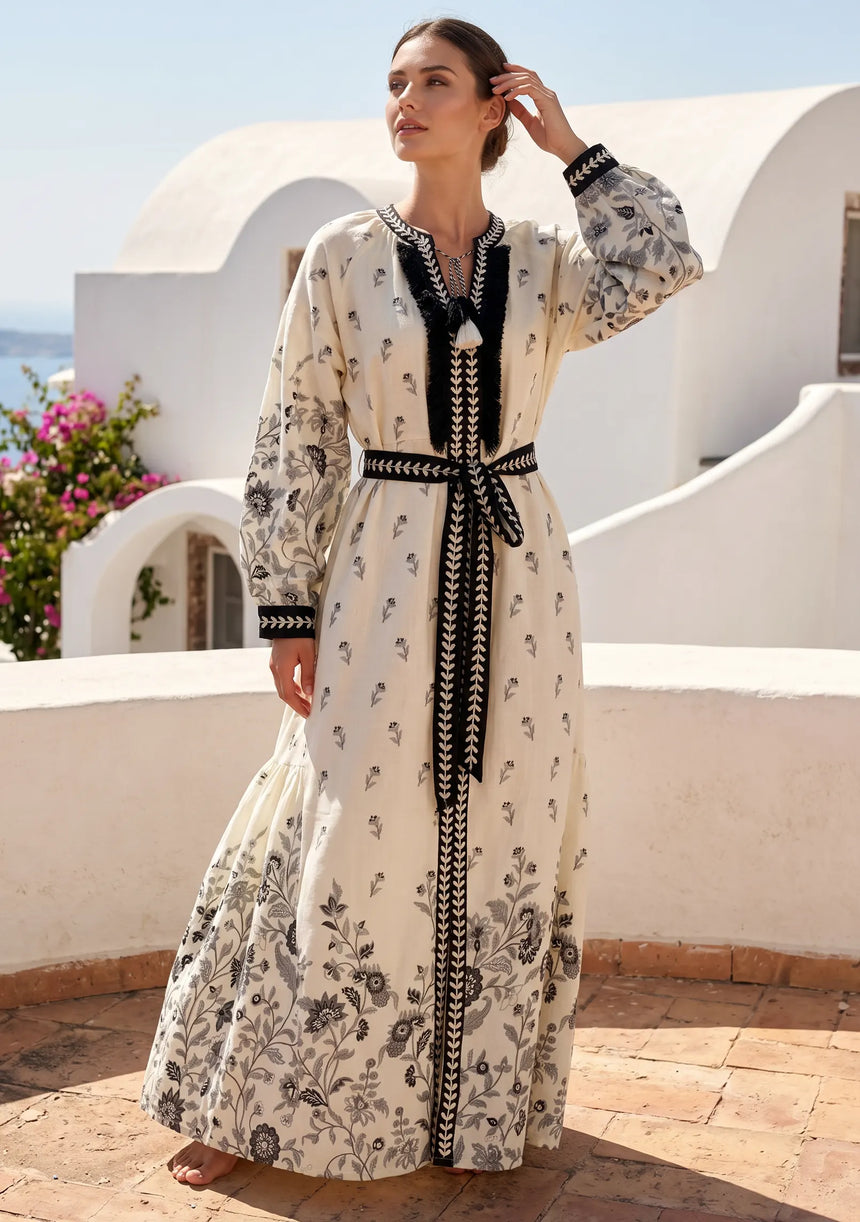 ibBan Printed Cotton Maxi Dress with Hand Embroidery | Luxury Resort Wear - Aizal long dress
