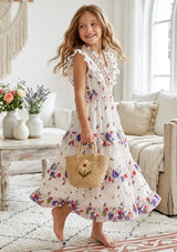 Robe longue en coton à col en V pour fille - Aina