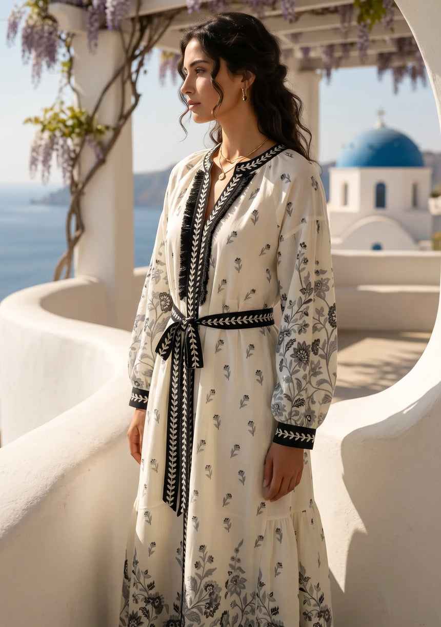 ibBan Printed Cotton Maxi Dress with Hand Embroidery | Luxury Resort Wear - Aizal long dress