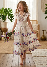 Robe longue en coton à col en V pour fille - Aina