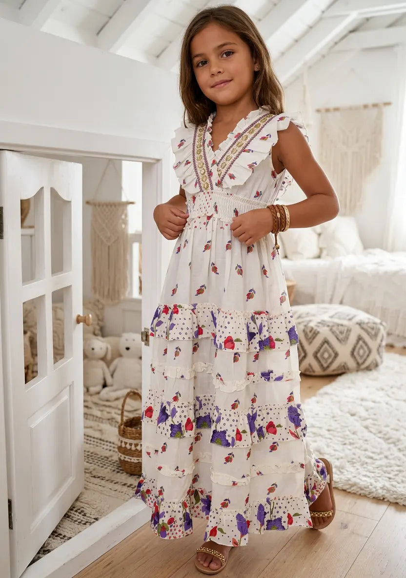 Robe longue en coton à col en V pour fille - Aina