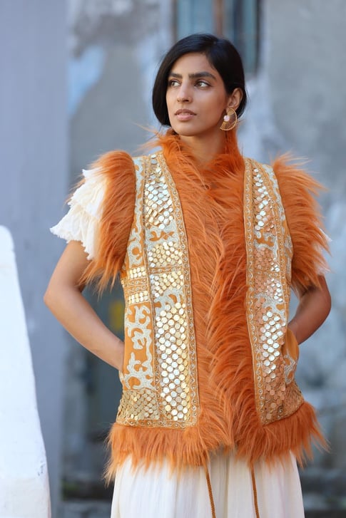 ibBan Hand Embroidered Winter Gilet | Women's Fur Gilet - Alara
