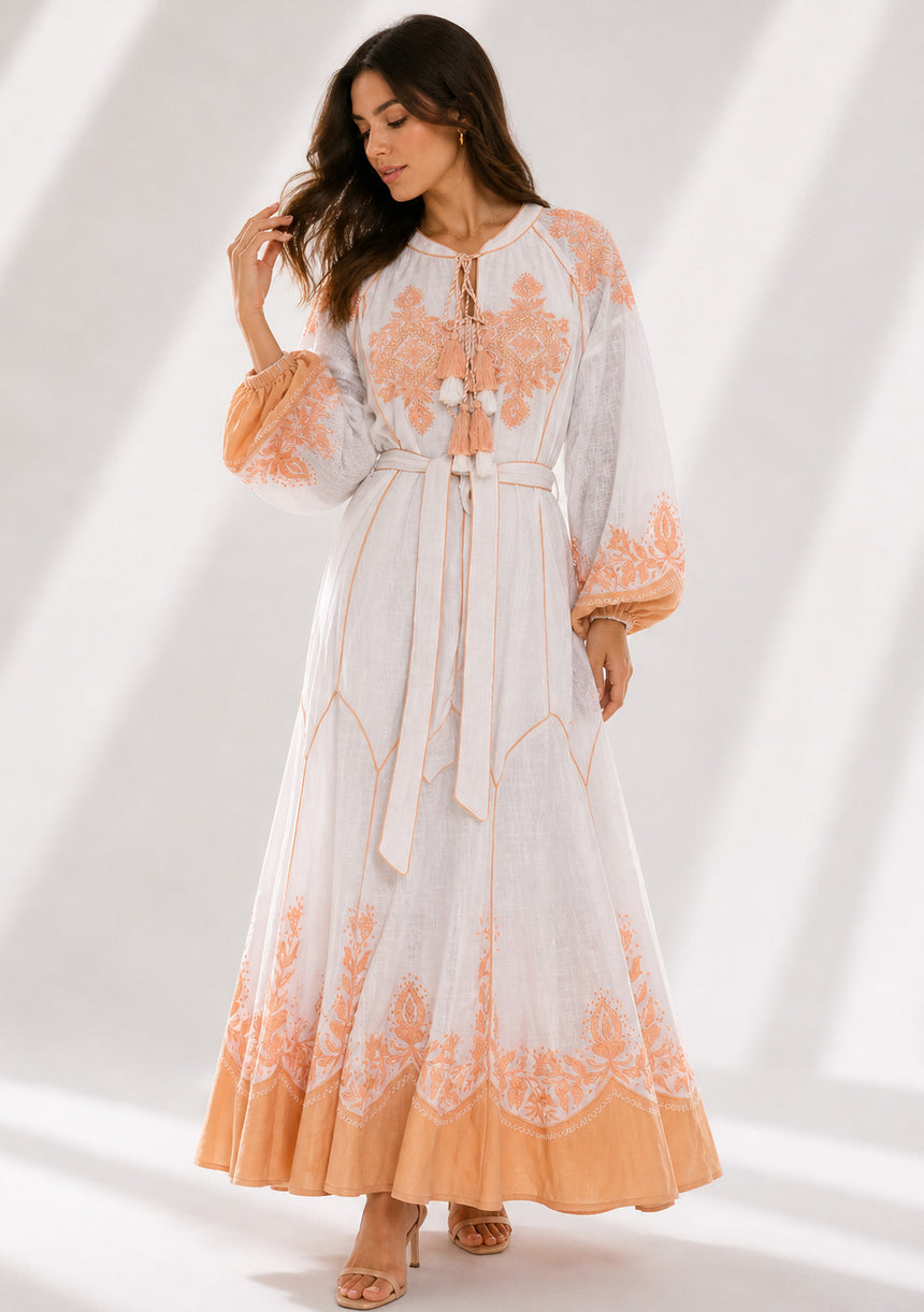 Vestido largo de algodón de cuello redondo para mujer - Naisha