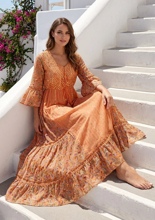 Women's Hand Embroidered Printed Shimmer Cotton Long Dress Round Tie-Up Neck- Marina