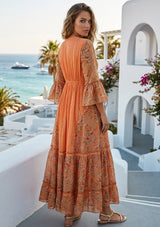 Women's Hand Embroidered Printed Shimmer Cotton Long Dress Round Tie-Up Neck- Marina