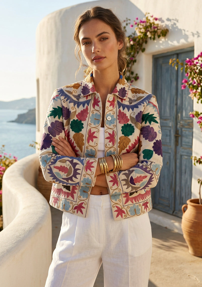 Women's Artisan Hand Embroidery Cotton Canvas Jacket - Ziva