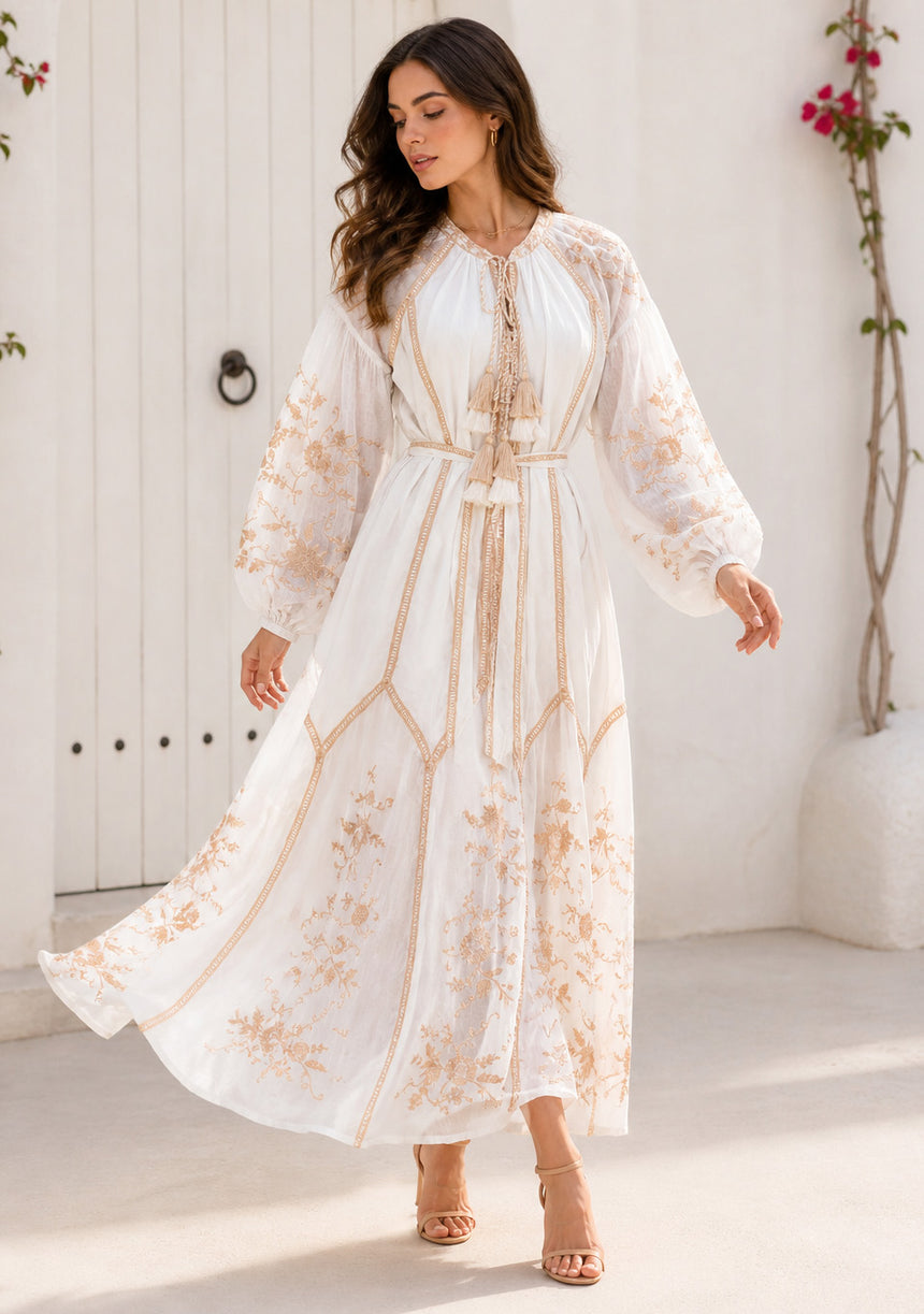 Vestido largo de algodón con cuello redondo para mujer - Bisma