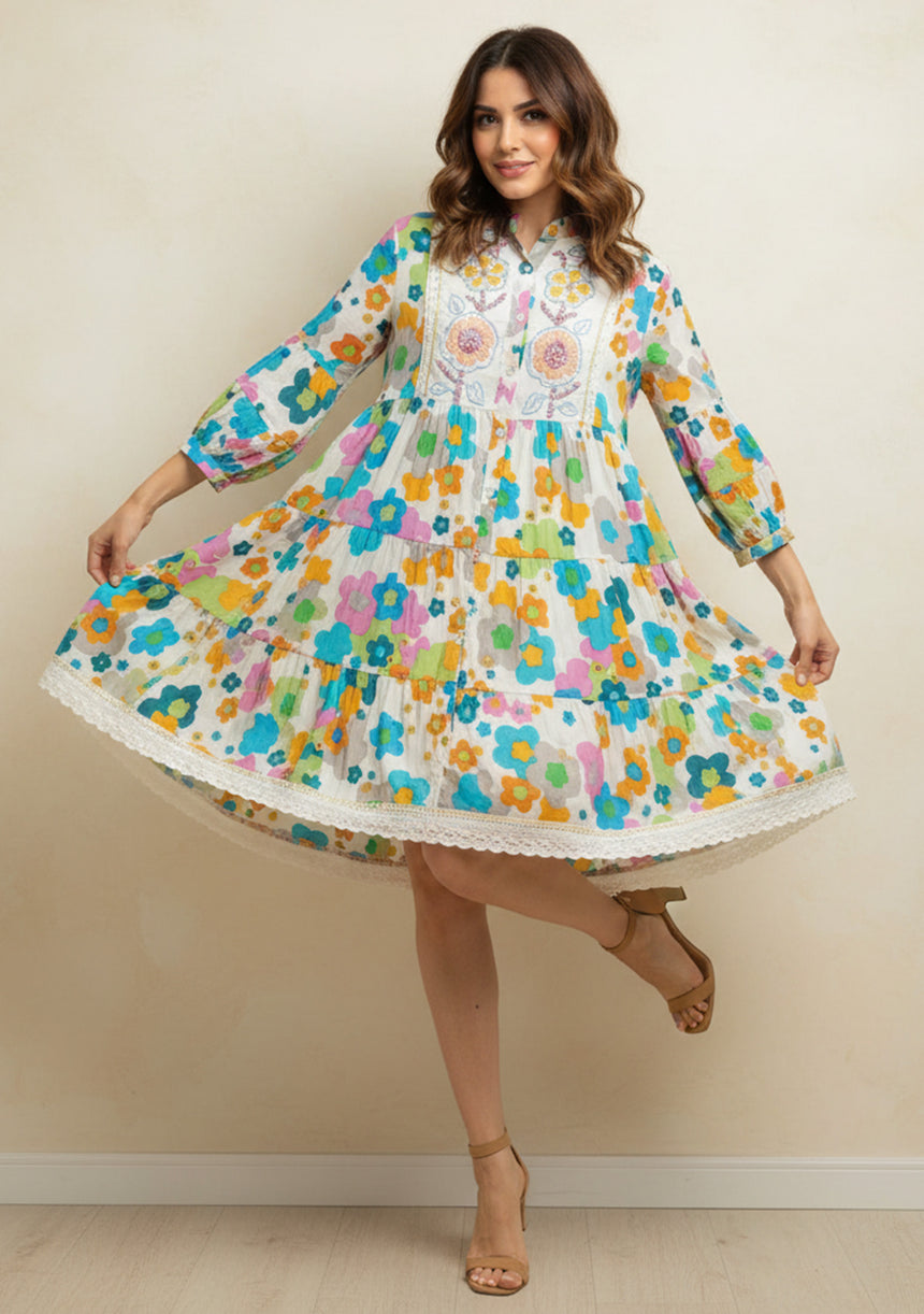 ibBan Printed Cotton Hand Embroidered Short Tunic Dress -Romy