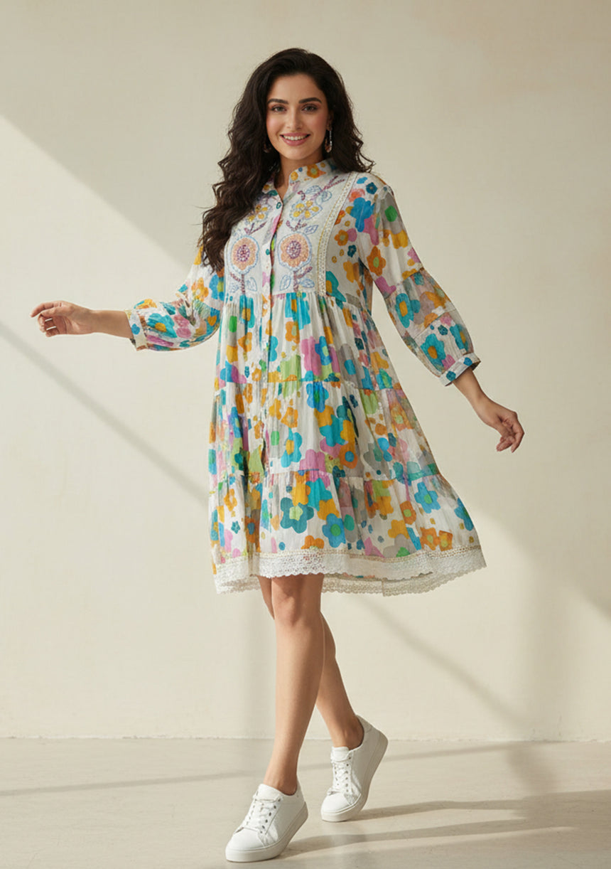 ibBan Printed Cotton Hand Embroidered Short Tunic Dress -Romy