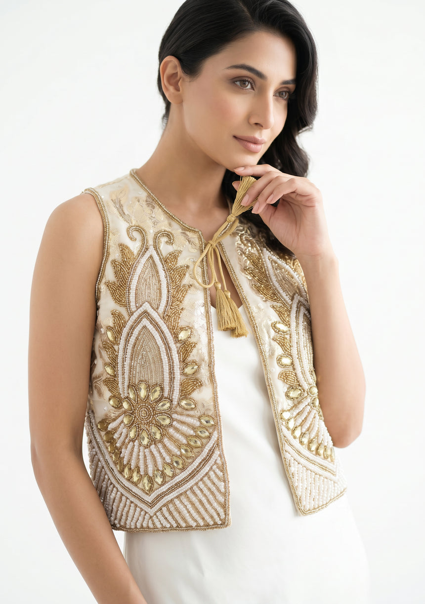 ibBan Hand Embroidered Vest | Luxury Beaded Sleeveless Vest - Vidha