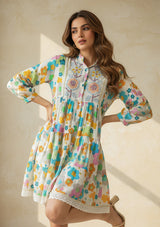 ibBan Printed Cotton Hand Embroidered Short Tunic Dress -Romy