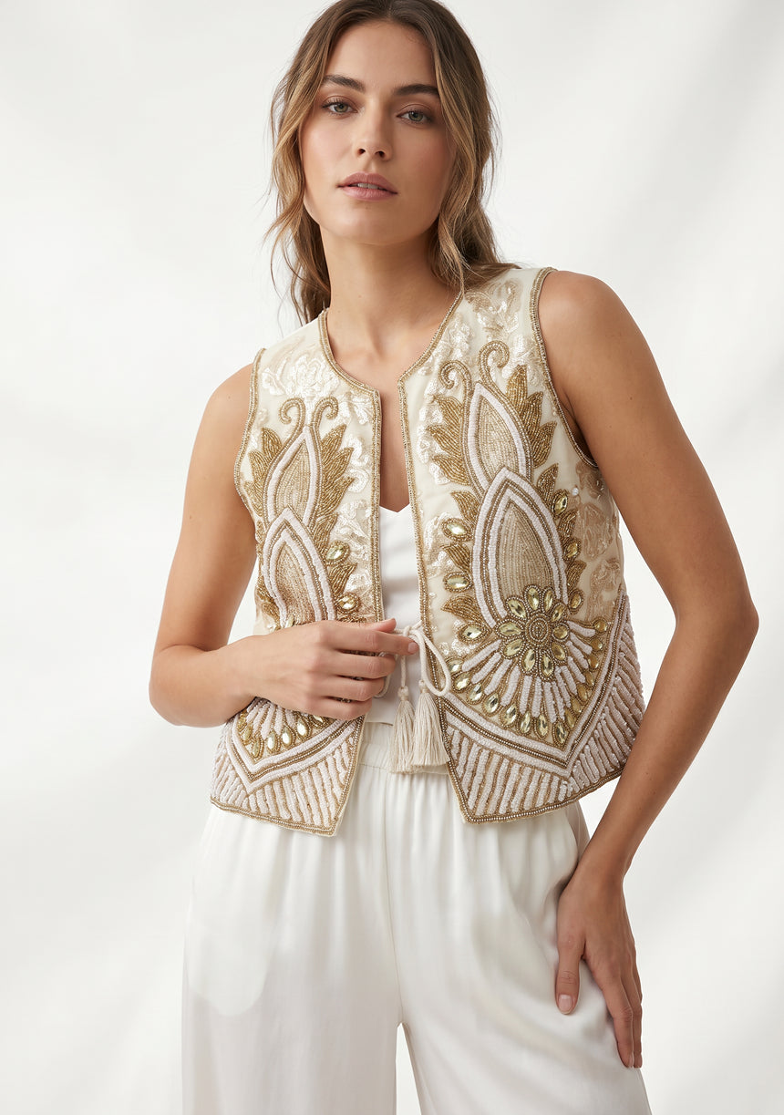 ibBan Hand Embroidered Vest | Luxury Beaded Sleeveless Vest - Vidha