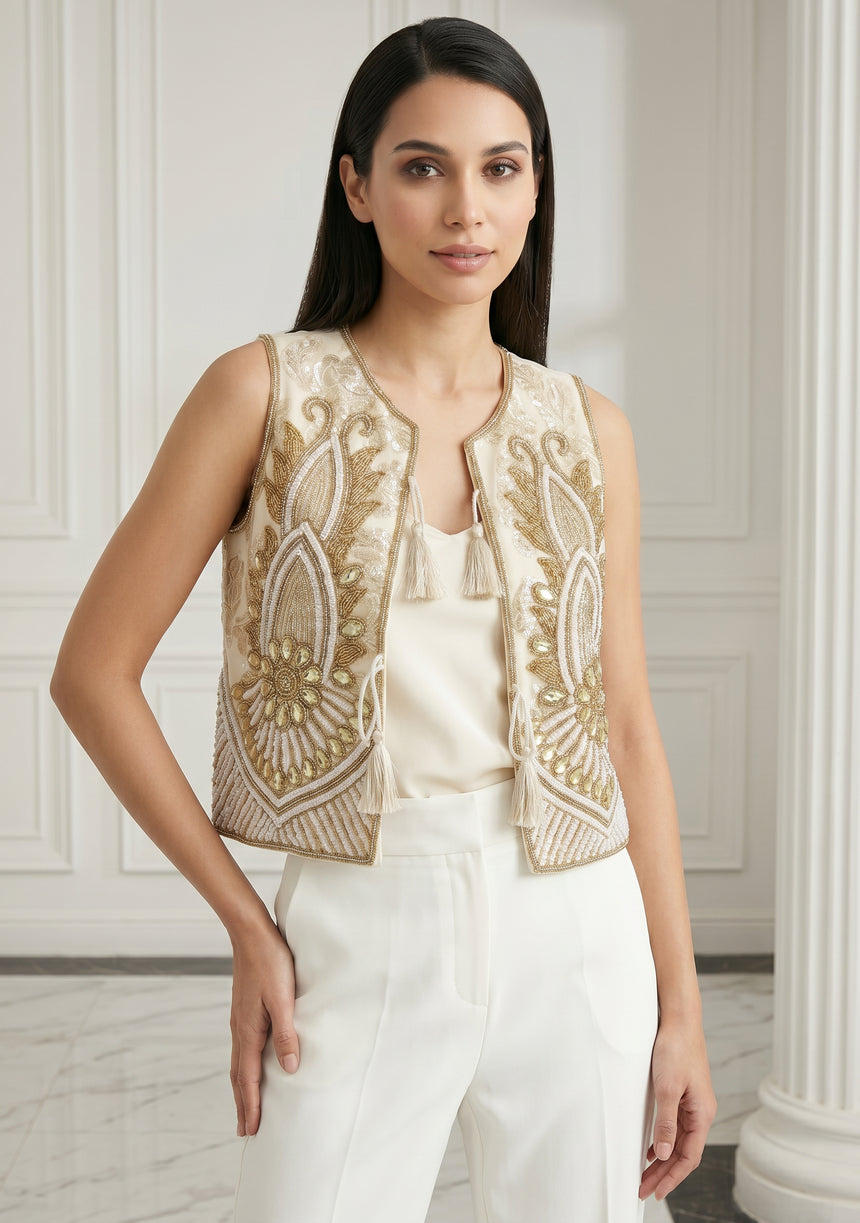 ibBan Hand Embroidered Vest | Luxury Beaded Sleeveless Vest - Vidha