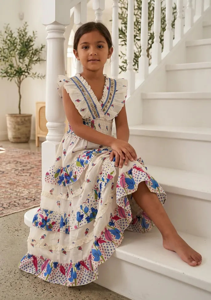 Robe longue en coton à col en V pour fille - Aina