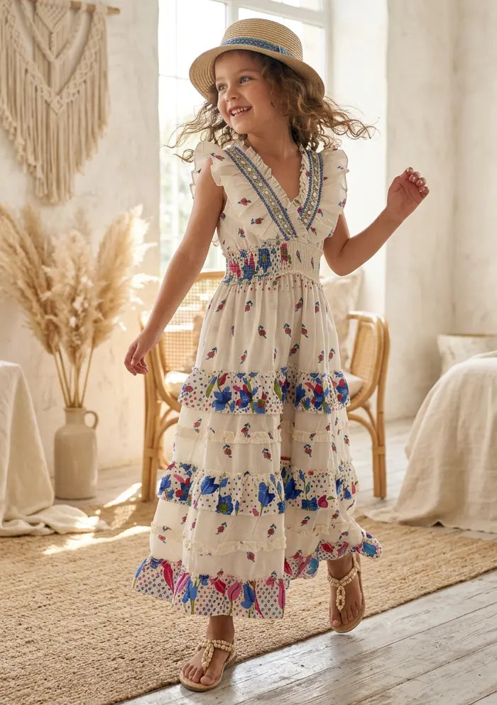 Robe longue en coton à col en V pour fille - Aina