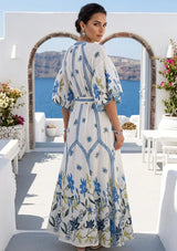 Women's Hand Embroidered Luxury Cotton Long Dress Round Tie-Up Neck - Ashira