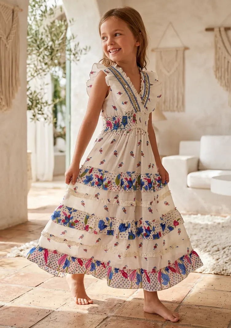 Robe longue en coton à col en V pour fille - Aina