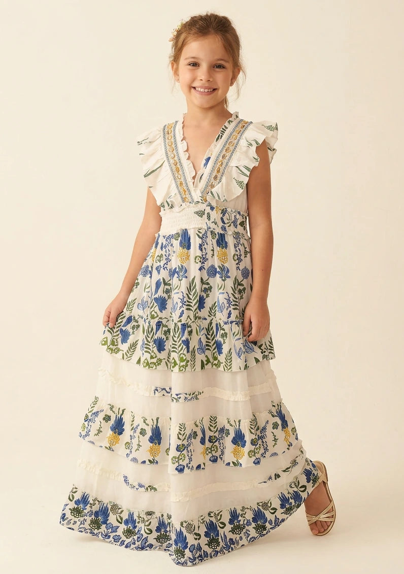 Vestido largo de algodón con cuello en V para niña - Aina