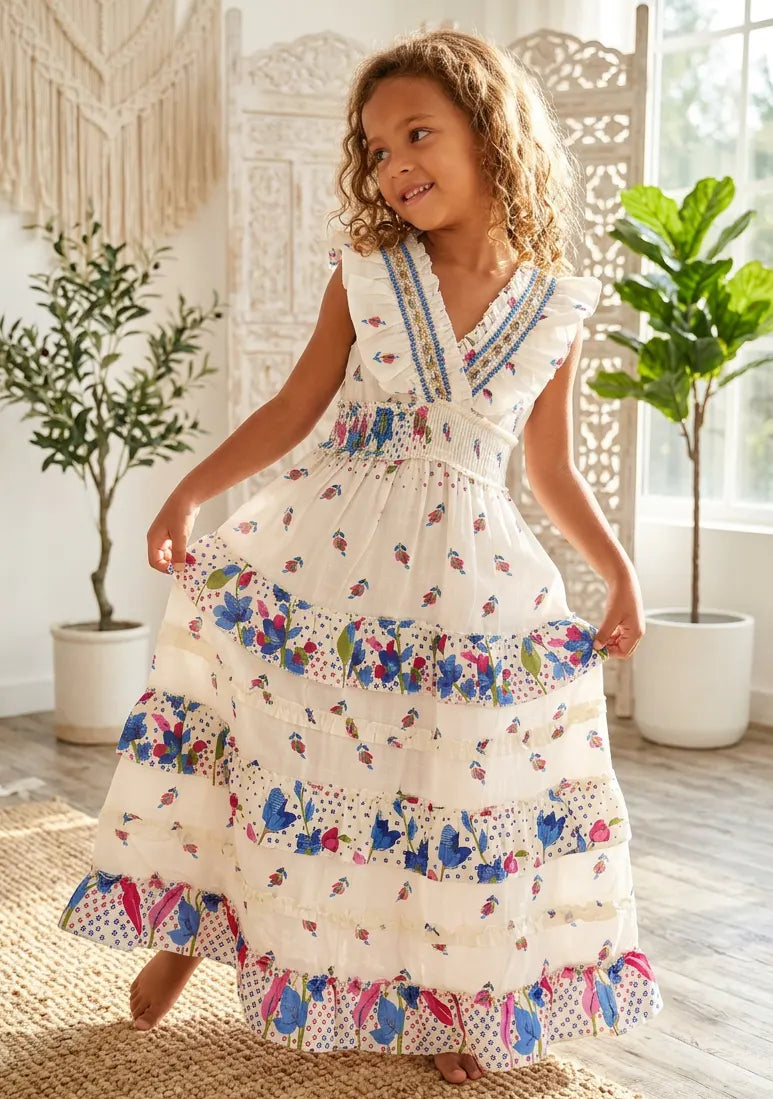 Robe longue en coton à col en V pour fille - Aina