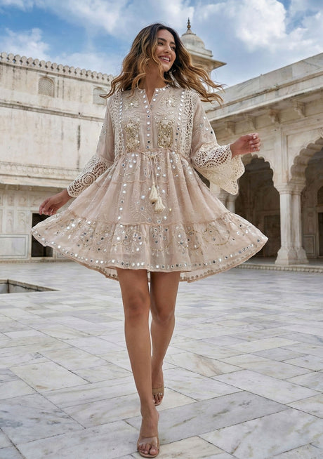 ibBan Hand Embroidered Cotton Short Tunic Dress -Mehak Short  Tunic