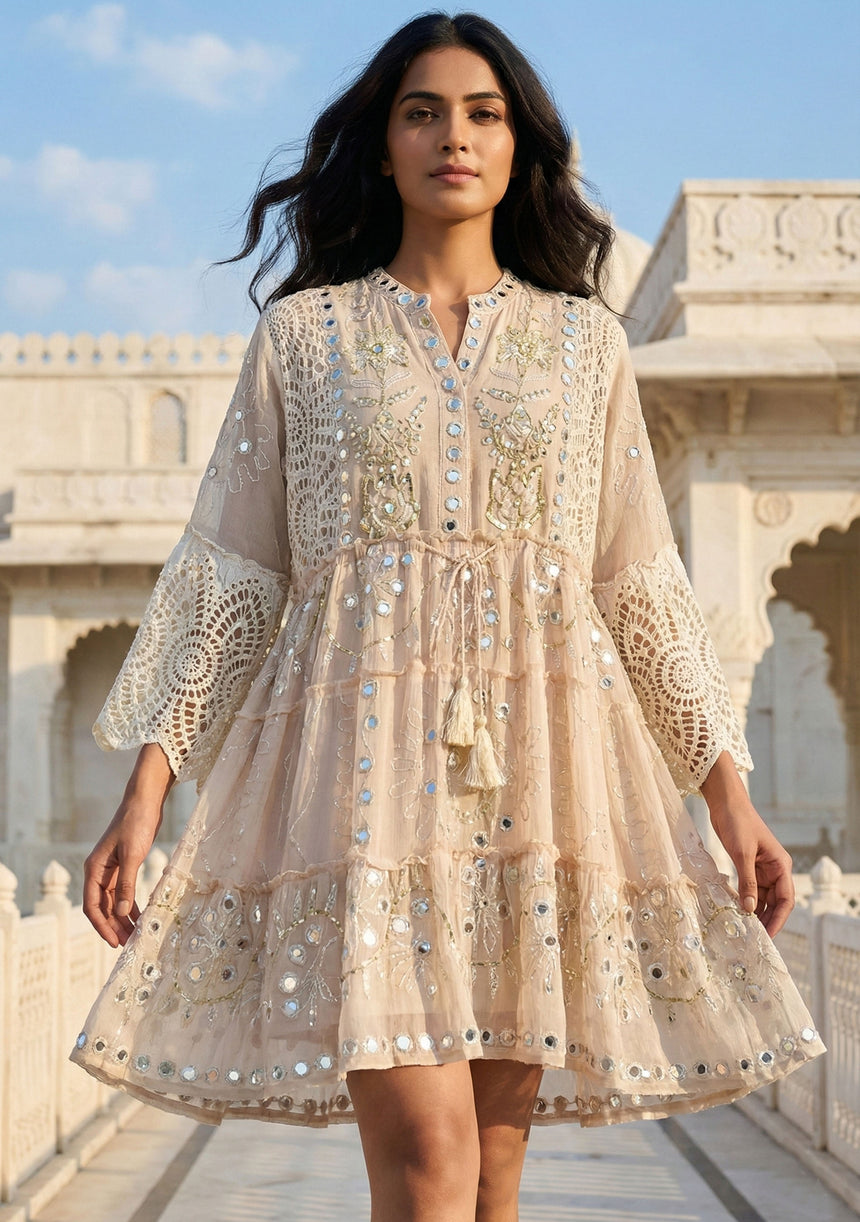 ibBan Hand Embroidered Cotton Short Tunic Dress -Mehak Short  Tunic