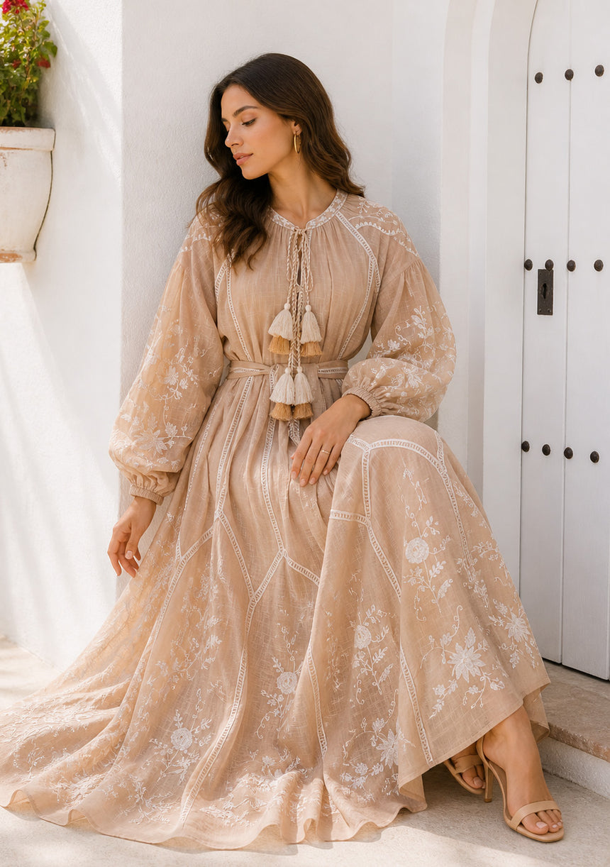 Vestido largo de algodón con cuello redondo para mujer - Bisma
