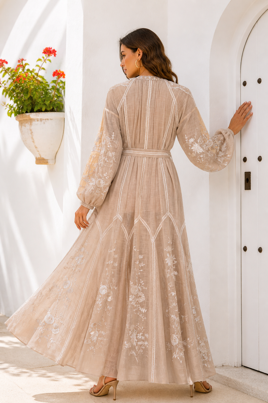 Vestido largo de algodón con cuello redondo para mujer - Bisma