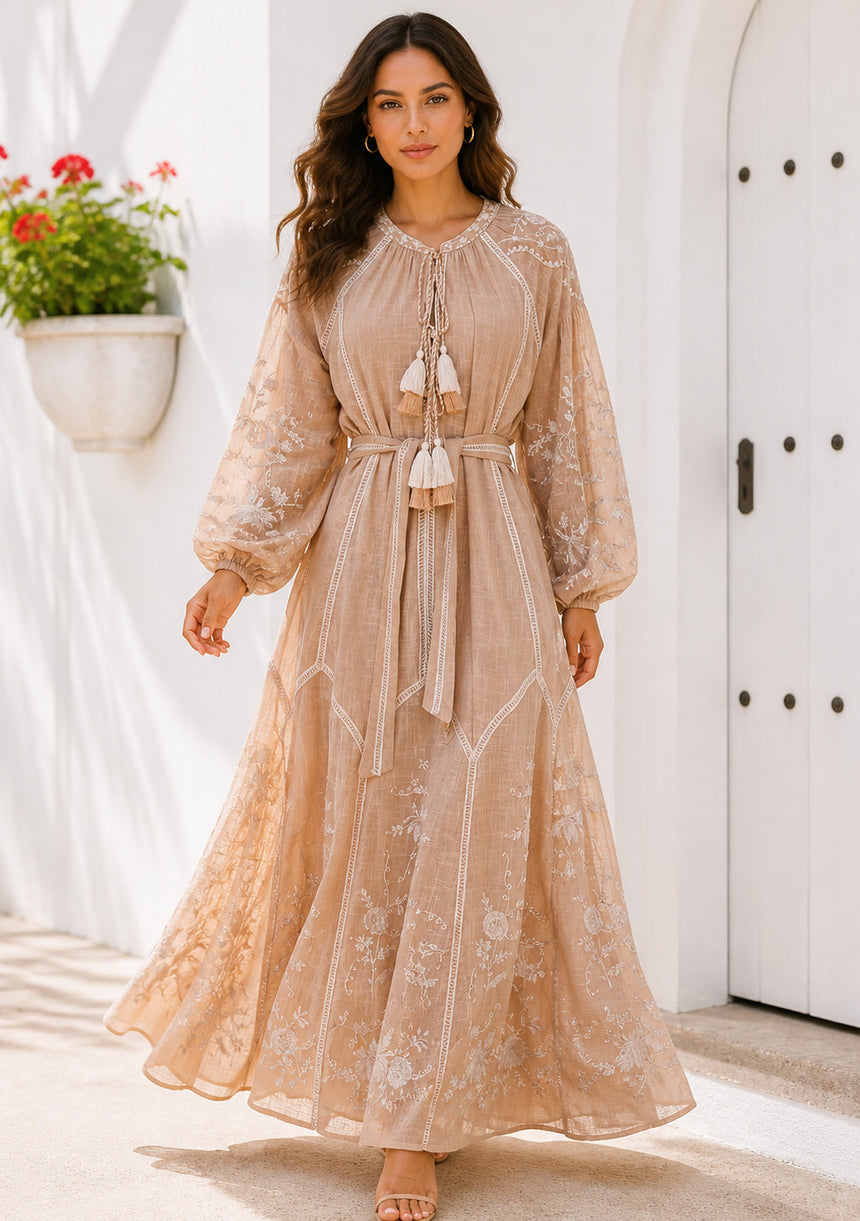 Vestido largo de algodón con cuello redondo para mujer - Bisma