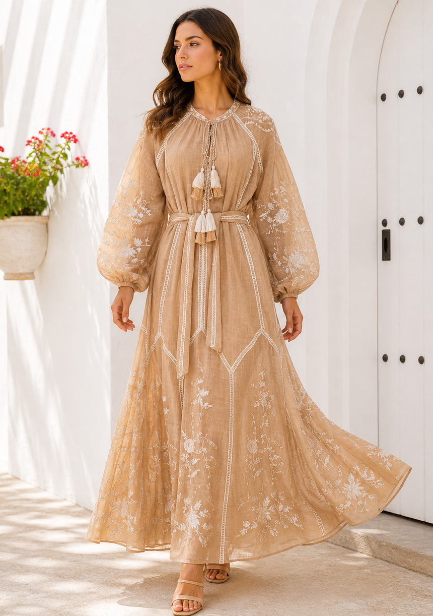 Vestido largo de algodón con cuello redondo para mujer - Bisma