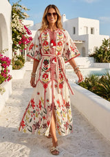 Women's Hand Embroidered Luxury Cotton Long Dress Round Tie-Up Neck - Ashira