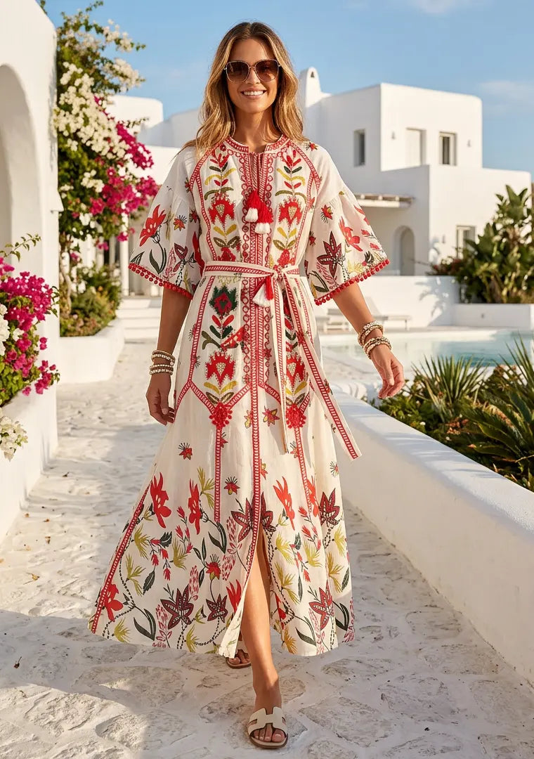 Women's Hand Embroidered Luxury Cotton Long Dress Round Tie-Up Neck - Ashira